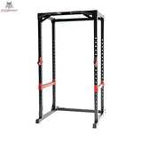 Titanium Strength Evolution Heavy Duty Power Rack RH60, Schrägansicht in Schwarz mit roten Sicherheitsablagen