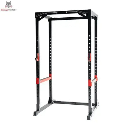 Titanium Strength Evolution Heavy Duty Power Rack RH60, Schrägansicht in Schwarz mit roten Sicherheitsablagen