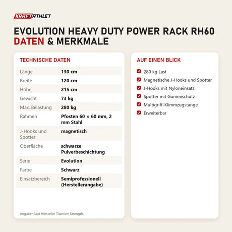 Technische Daten und Merkmale von Titanium Strength Evolution Heavy Duty Power Rack RH60 als Tabelle