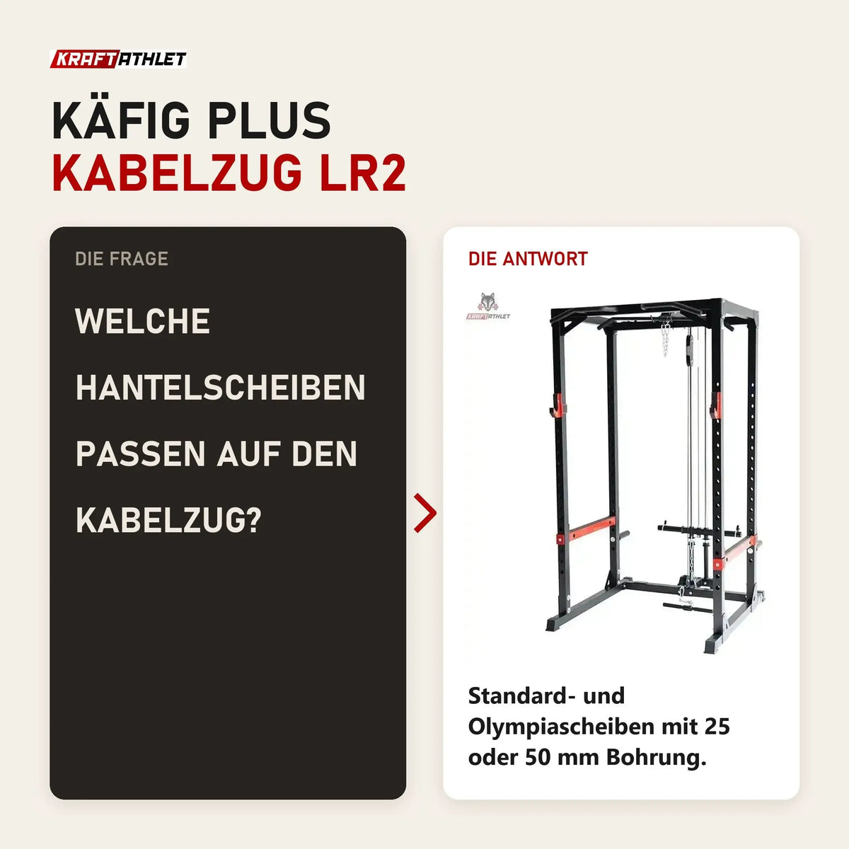 Frage und Antwort zu Titanium Strength Evolution Power Rack RH60 mit Kabelzug LR2: Welche Hantelscheiben passen auf den Kabelzug?