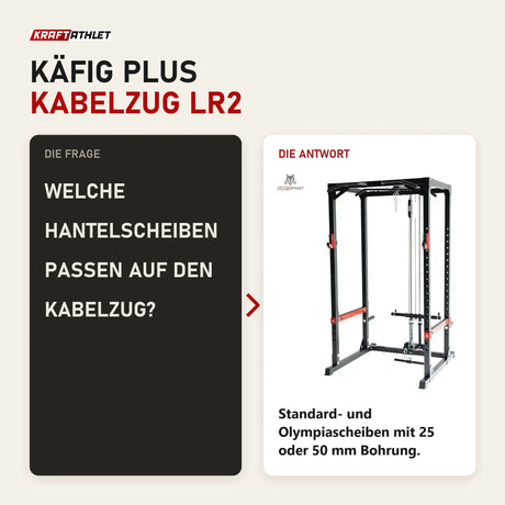 Frage und Antwort zu Titanium Strength Evolution Power Rack RH60 mit Kabelzug LR2: Welche Hantelscheiben passen auf den Kabelzug?