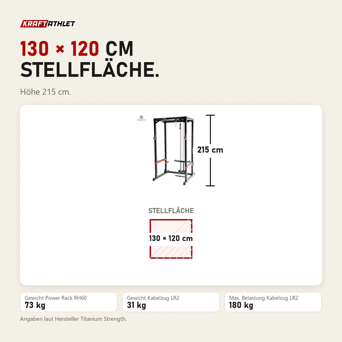 Maßbild Titanium Strength Evolution Power Rack RH60 mit Kabelzug LR2: Stellfläche 130 × 120 cm, Höhe 215 cm