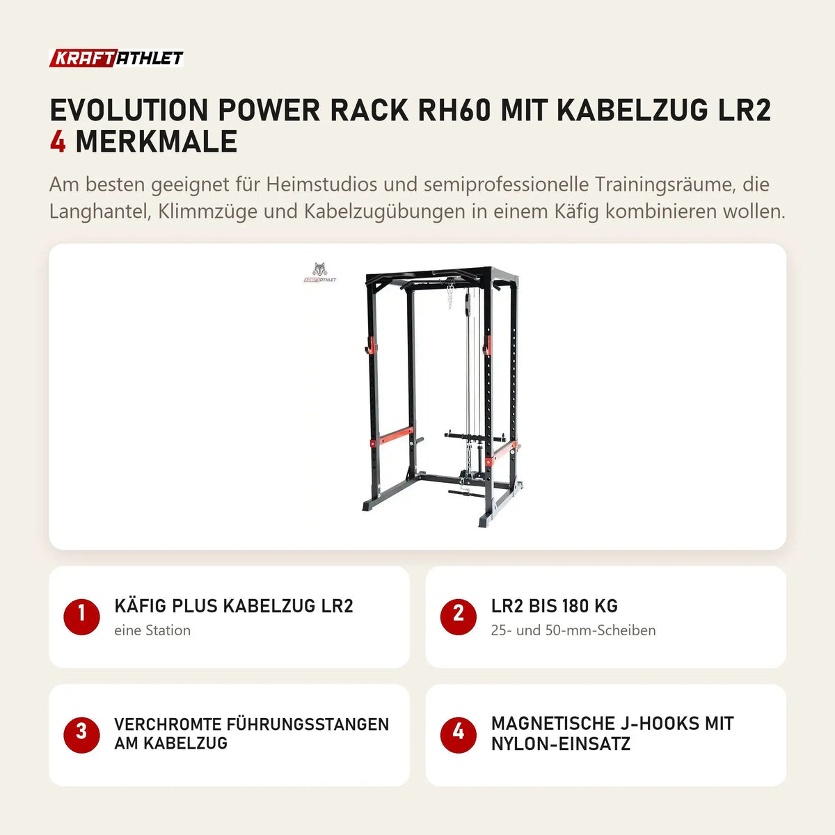 Titanium Strength Evolution Power Rack RH60 mit Kabelzug LR2 mit 4 Merkmalen: Käfig plus Kabelzug LR2, LR2 bis 180 kg, Verchromte Führungsstangen am Kabelzug, Magnetische J-Hooks mit Nylon-Einsatz