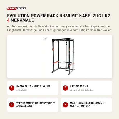 Titanium Strength Evolution Power Rack RH60 mit Kabelzug LR2 mit 4 Merkmalen: Käfig plus Kabelzug LR2, LR2 bis 180 kg, Verchromte Führungsstangen am Kabelzug, Magnetische J-Hooks mit Nylon-Einsatz