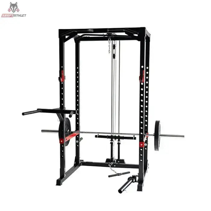 Titanium Strength Evolution Power Rack RH60 mit Kabelzug LR2 mit Dip-Griffen und geladener Langhantel in Schrägansicht