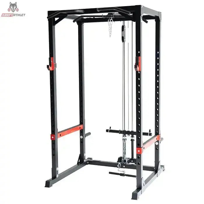 Titanium Strength Evolution Power Rack RH60 mit Kabelzug LR2 in Schrägansicht mit Latzug und Low-Row-Kabelzug