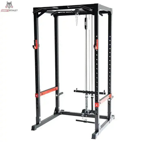 Titanium Strength Evolution Power Rack RH60 mit Kabelzug LR2 in Schrägansicht mit Latzug und Low-Row-Kabelzug