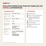 Technische Daten und Lieferumfang von Titanium Strength Evolution Power Rack RH60 mit Kabelzug LR2 als Tabelle