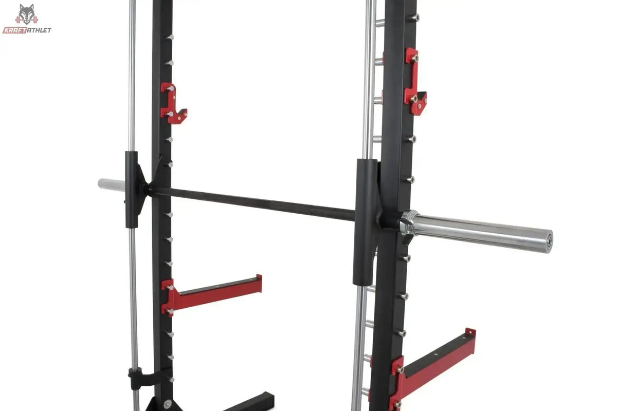 Titanium Strength Evolution Smith Machine mit Rack RM10: Detail der geführten Hantelstange an der Führungsschiene