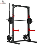 Titanium Strength Evolution Smith Machine mit Rack RM10: Frontansicht beladen mit Hantelscheiben an Stange und Scheibenhaltern