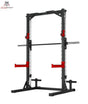 Titanium Strength Evolution Smith Machine mit Rack RM10: Frontansicht mit Hantelstange, roten Sicherheitsablagen und Führungsschienen
