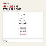 Maßbild Titanium Strength Evolution Smith Machine mit Rack RM10: Stellfläche 199 × 215 cm
