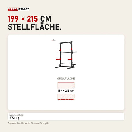 Maßbild Titanium Strength Evolution Smith Machine mit Rack RM10: Stellfläche 199 × 215 cm