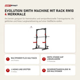 Titanium Strength Evolution Smith Machine mit Rack RM10 mit 4 Merkmalen: Multipower plus Half Rack, Smith-Stange auf Linearlagern, J-Hooks und Spotter, Sicherheitsanschläge in der Multipower