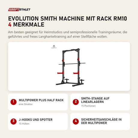 Titanium Strength Evolution Smith Machine mit Rack RM10 mit 4 Merkmalen: Multipower plus Half Rack, Smith-Stange auf Linearlagern, J-Hooks und Spotter, Sicherheitsanschläge in der Multipower