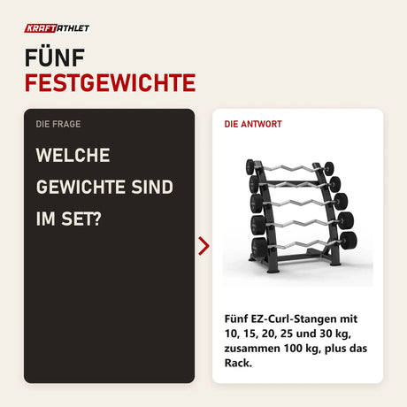 Frage und Antwort zu Titanium Strength EZ-Curl-Langhantel-Set 10–30 kg mit Rack: Welche Gewichte sind im Set?
