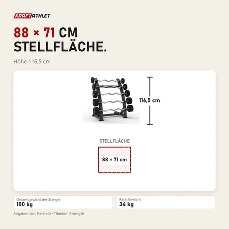 Maßbild Titanium Strength EZ-Curl-Langhantel-Set 10–30 kg mit Rack: Stellfläche 88 × 71 cm, Höhe 116,5 cm