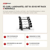 Titanium Strength EZ-Curl-Langhantel-Set 10–30 kg mit Rack mit 4 Merkmalen: Fünf Festgewichte, Gebogene EZ-Form, Verchromter 32-mm-Griff, PU-Beschichtung