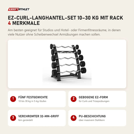 Titanium Strength EZ-Curl-Langhantel-Set 10–30 kg mit Rack mit 4 Merkmalen: Fünf Festgewichte, Gebogene EZ-Form, Verchromter 32-mm-Griff, PU-Beschichtung