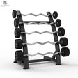 Titanium Strength EZ-Curl-Langhantel-Set 10–30 kg mit Rack in Schrägansicht von links mit fünf SZ-Stangen im Ständer