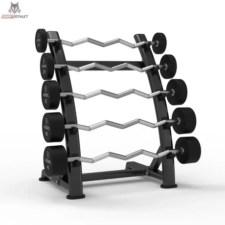 Titanium Strength EZ-Curl-Langhantel-Set 10–30 kg mit Rack in Schrägansicht von links mit fünf SZ-Stangen im Ständer