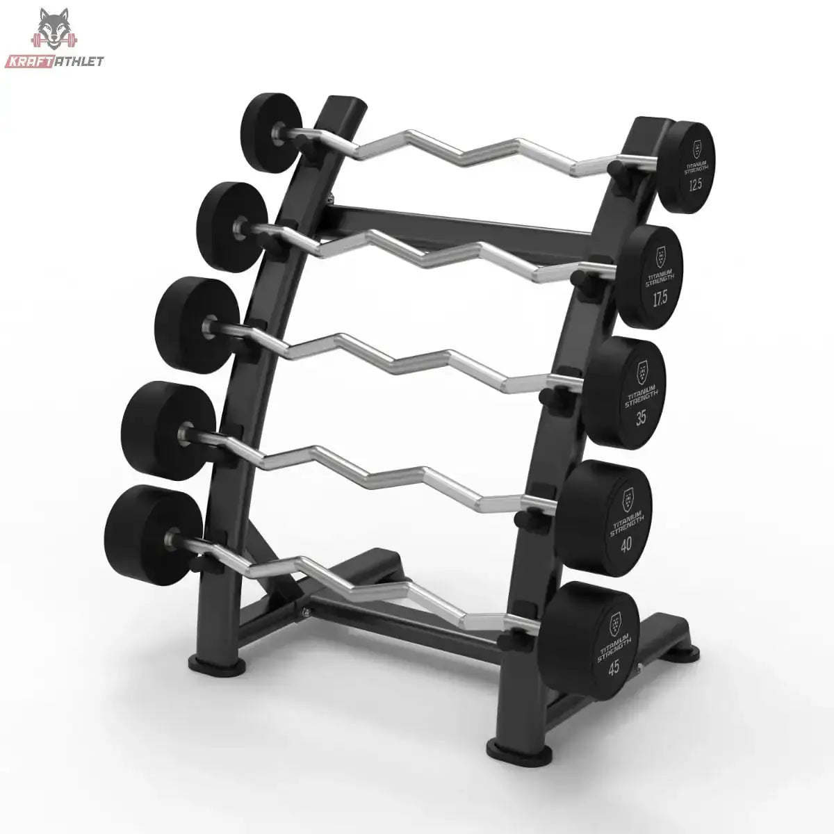 Titanium Strength EZ-Curl-Langhantel-Set 10–30 kg mit Rack in Schrägansicht von rechts mit fünf SZ-Stangen im Ständer