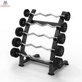 Titanium Strength EZ-Curl-Langhantel-Set 10–30 kg mit Rack in Schrägansicht von rechts mit fünf SZ-Stangen im Ständer