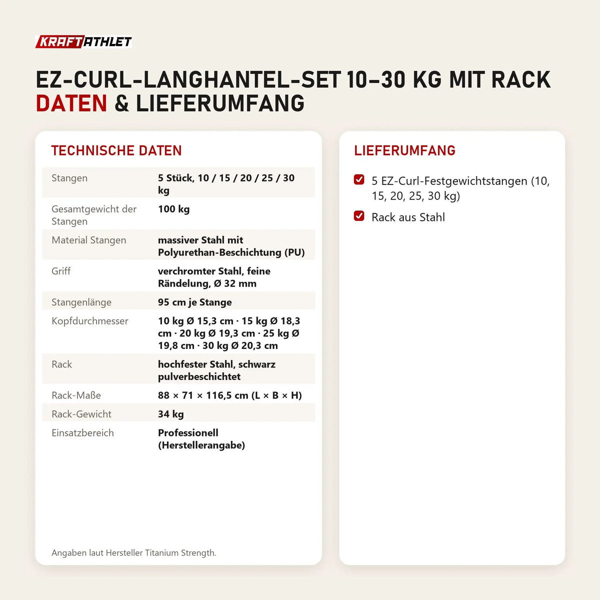 Technische Daten und Lieferumfang von Titanium Strength EZ-Curl-Langhantel-Set 10–30 kg mit Rack als Tabelle