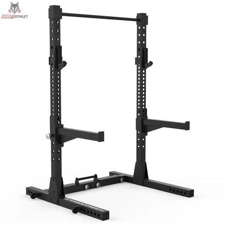 Titanium Strength Faltbares Squat Rack Professionell in Schwarz, Frontansicht mit Ablagen