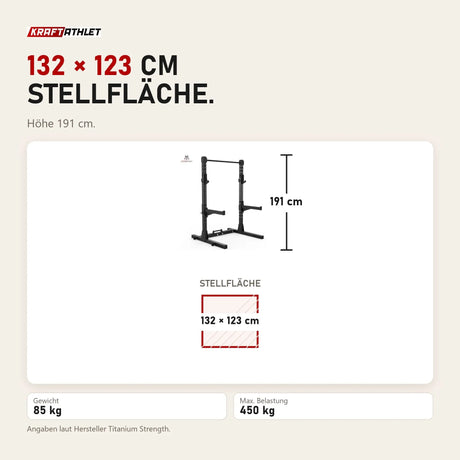 Maßbild Titanium Strength Faltbares Squat Rack Professionell: Stellfläche 132 × 123 cm, Höhe 191 cm