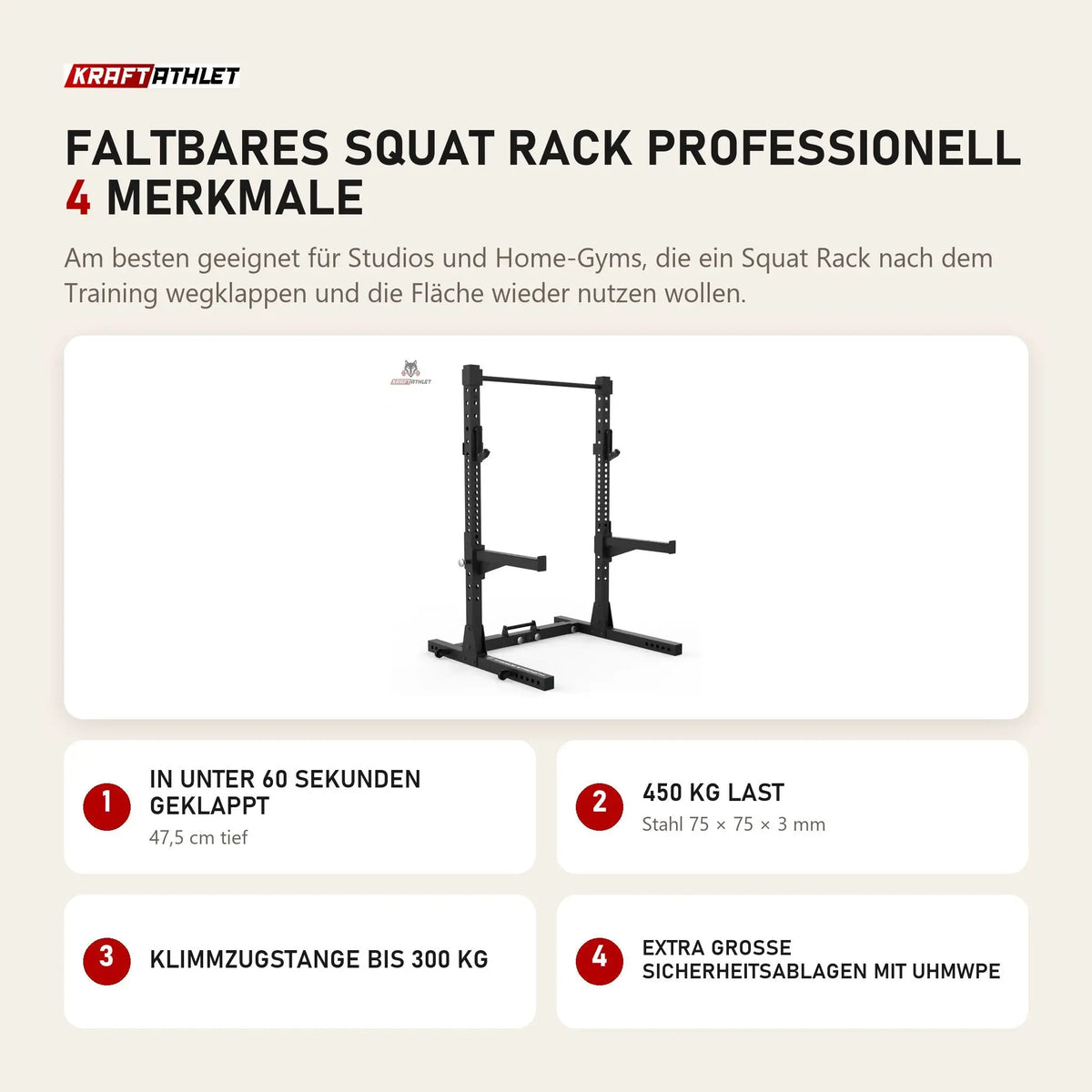 Titanium Strength Faltbares Squat Rack Professionell mit 4 Merkmalen: In unter 60 Sekunden geklappt, 450 kg Last, Klimmzugstange bis 300 kg, Extra große Sicherheitsablagen mit UHMWPE