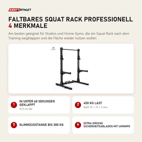 Titanium Strength Faltbares Squat Rack Professionell mit 4 Merkmalen: In unter 60 Sekunden geklappt, 450 kg Last, Klimmzugstange bis 300 kg, Extra große Sicherheitsablagen mit UHMWPE