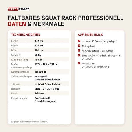 Technische Daten und Merkmale von Titanium Strength Faltbares Squat Rack Professionell als Tabelle