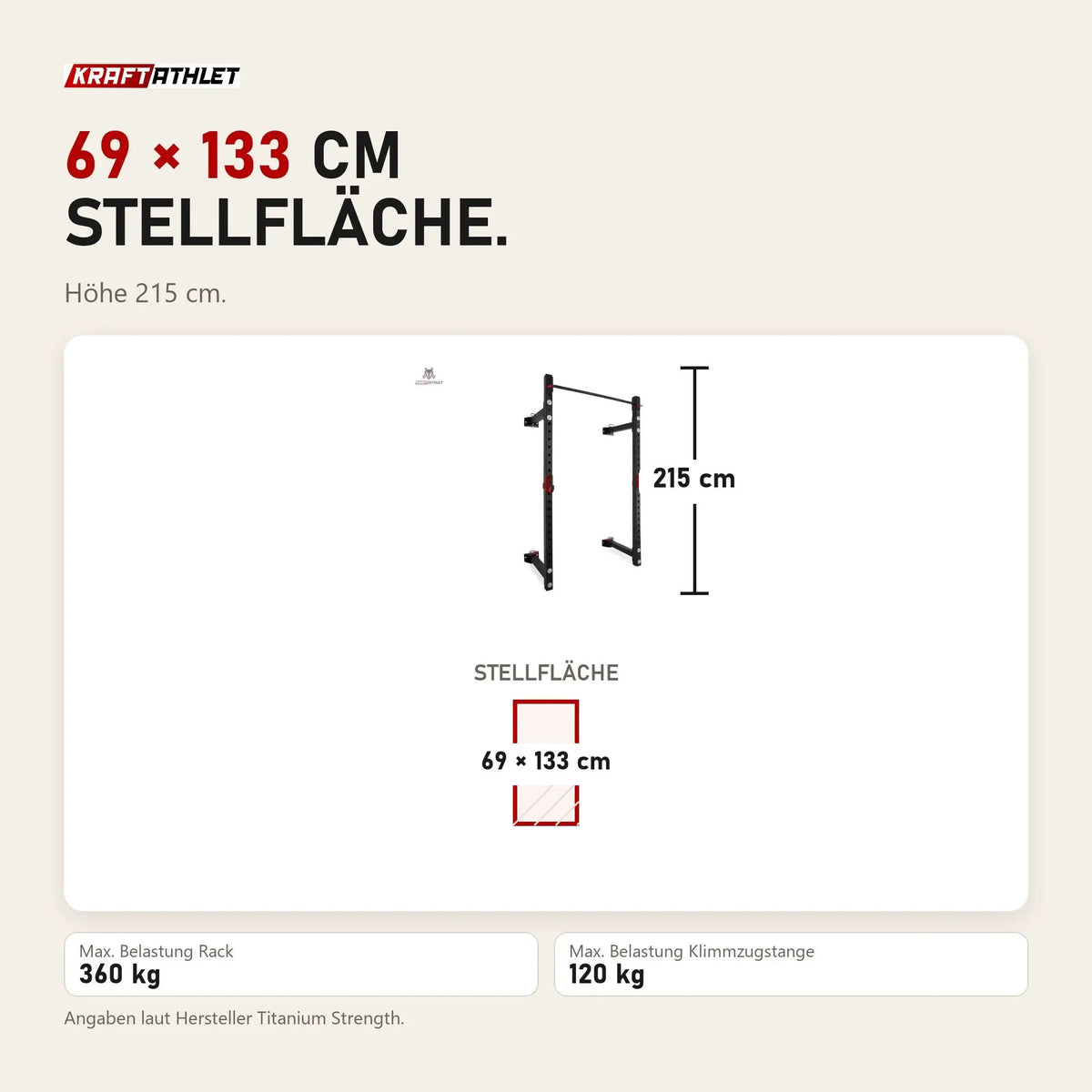Maßbild Titanium Strength Faltbares Wandrack FR360: Stellfläche 69 × 133 cm, Höhe 215 cm