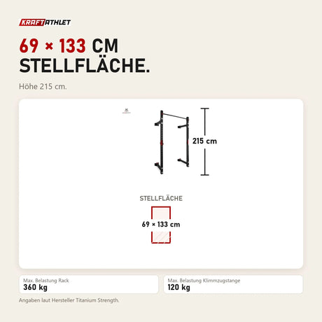 Maßbild Titanium Strength Faltbares Wandrack FR360: Stellfläche 69 × 133 cm, Höhe 215 cm