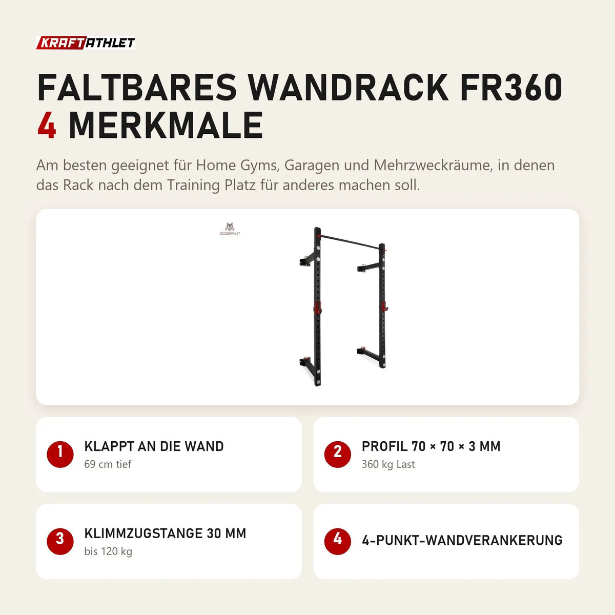 Titanium Strength Faltbares Wandrack FR360 mit 4 Merkmalen: Klappt an die Wand, Profil 70 × 70 × 3 mm, Klimmzugstange 30 mm, 4-Punkt-Wandverankerung