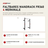 Titanium Strength Faltbares Wandrack FR360 mit 4 Merkmalen: Klappt an die Wand, Profil 70 × 70 × 3 mm, Klimmzugstange 30 mm, 4-Punkt-Wandverankerung