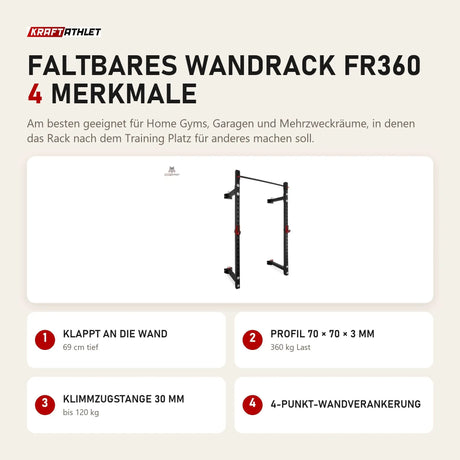 Titanium Strength Faltbares Wandrack FR360 mit 4 Merkmalen: Klappt an die Wand, Profil 70 × 70 × 3 mm, Klimmzugstange 30 mm, 4-Punkt-Wandverankerung