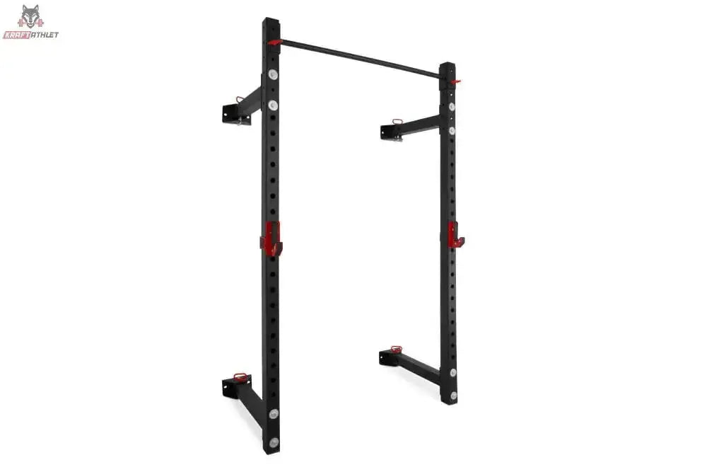 Titanium Strength Faltbares Wandrack FR360, Schrägansicht des an der Wand montierten Racks mit Klimmzugstange