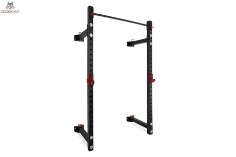 Titanium Strength Faltbares Wandrack FR360, Schrägansicht des an der Wand montierten Racks mit Klimmzugstange