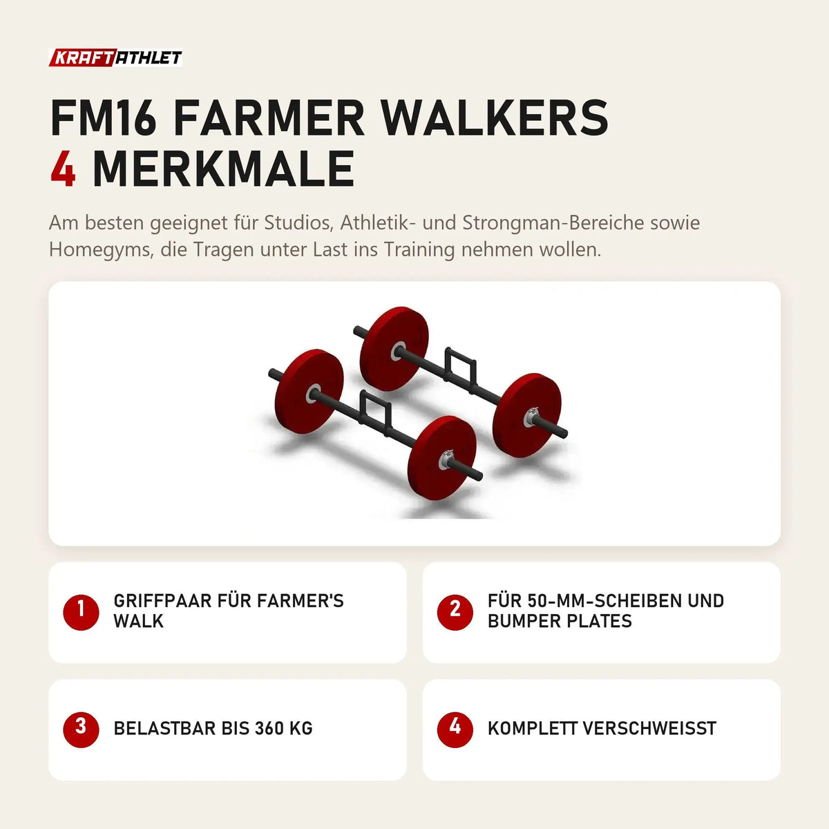 Titanium Strength FM16 Farmer Walkers mit 4 Merkmalen: Griffpaar für Farmer's Walk, Für 50-mm-Scheiben und Bumper Plates, Belastbar bis 360 kg, Komplett verschweißt