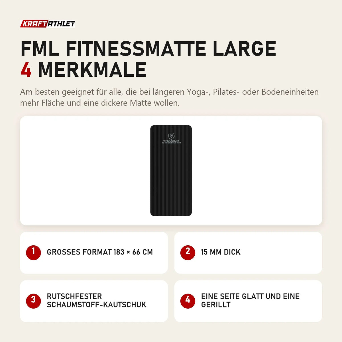 Titanium Strength FML Fitnessmatte Large mit 4 Merkmalen: Großes Format 183 × 66 cm, 15 mm dick, Rutschfester Schaumstoff-Kautschuk, Eine Seite glatt und eine gerillt