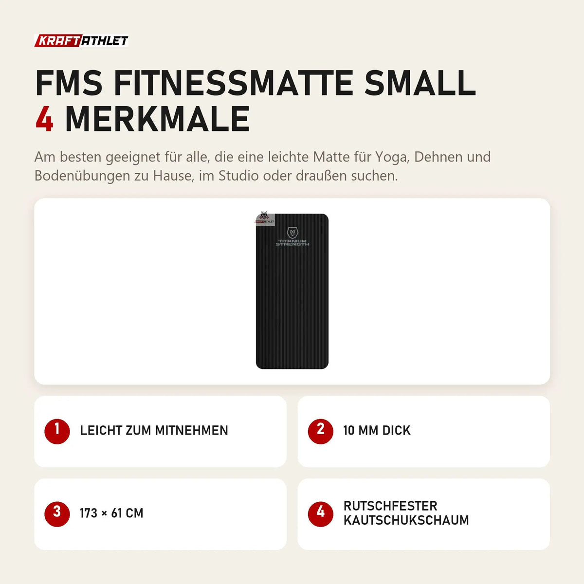 Titanium Strength FMS Fitnessmatte Small mit 4 Merkmalen: Leicht zum Mitnehmen, 10 mm dick, 173 × 61 cm, Rutschfester Kautschukschaum