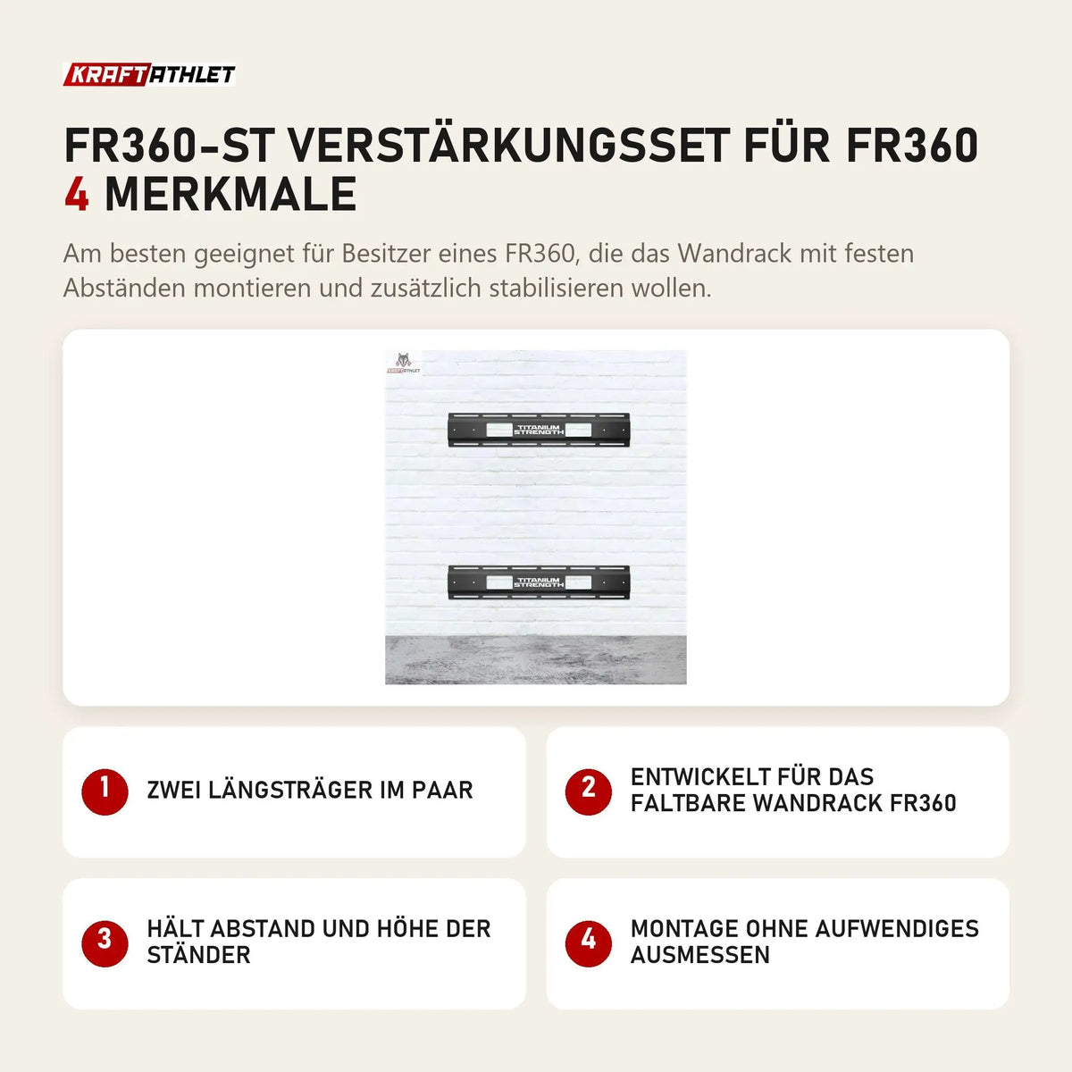 Titanium Strength FR360-ST Verstärkungsset für FR360 mit 4 Merkmalen: Zwei Längsträger im Paar, Entwickelt für das faltbare Wandrack FR360, Hält Abstand und Höhe der Ständer, Montage ohne aufwendiges Ausmessen