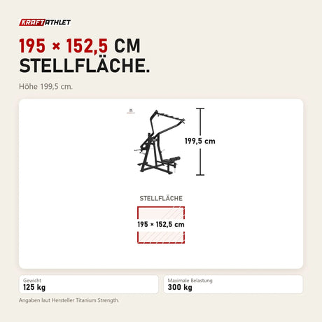 Maßbild Titanium Strength Frontale Latzugmaschine Elite Series: Stellfläche 195 × 152,5 cm, Höhe 199,5 cm