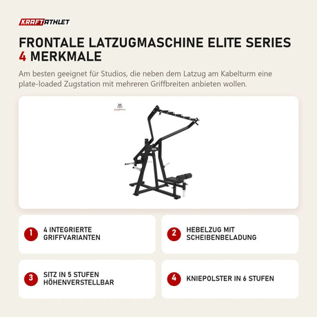 Titanium Strength Frontale Latzugmaschine Elite Series mit 4 Merkmalen: 4 integrierte Griffvarianten, Hebelzug mit Scheibenbeladung, Sitz in 5 Stufen höhenverstellbar, Kniepolster in 6 Stufen