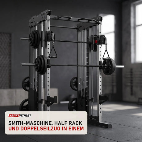 Titanium Strength FT3 Kraftstation in einem fertig eingerichteten Studio mit dunklen Wänden und Gummiboden
