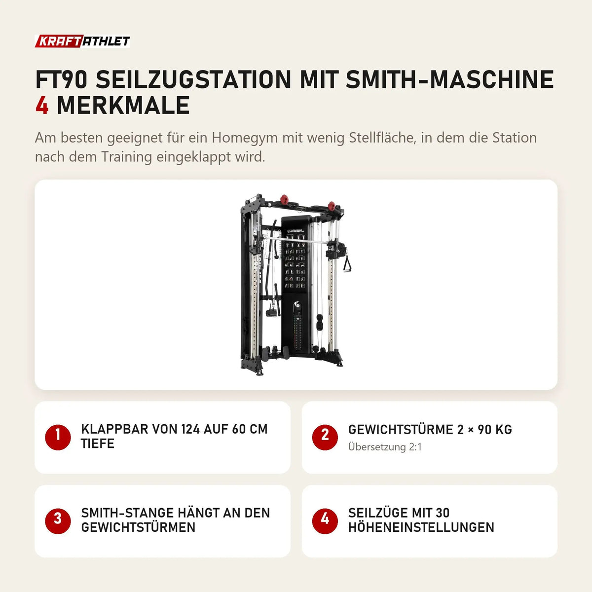 Titanium Strength FT90 Seilzugstation mit Smith-Maschine mit 4 Merkmalen: Klappbar von 124 auf 60 cm Tiefe, Gewichtstürme 2 × 90 kg, Smith-Stange hängt an den Gewichtstürmen, Seilzüge mit 30 Höheneinstellungen