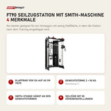 Titanium Strength FT90 Seilzugstation mit Smith-Maschine mit 4 Merkmalen: Klappbar von 124 auf 60 cm Tiefe, Gewichtstürme 2 × 90 kg, Smith-Stange hängt an den Gewichtstürmen, Seilzüge mit 30 Höheneinstellungen