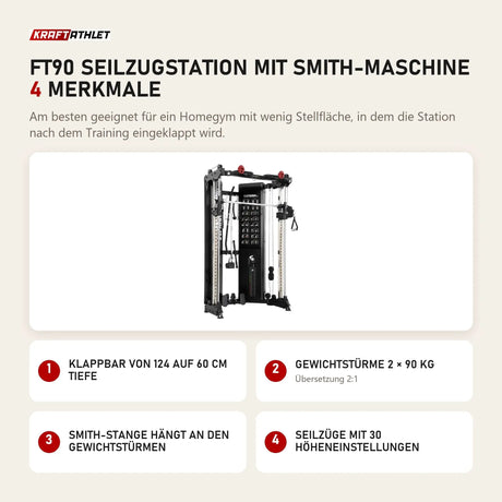 Titanium Strength FT90 Seilzugstation mit Smith-Maschine mit 4 Merkmalen: Klappbar von 124 auf 60 cm Tiefe, Gewichtstürme 2 × 90 kg, Smith-Stange hängt an den Gewichtstürmen, Seilzüge mit 30 Höheneinstellungen